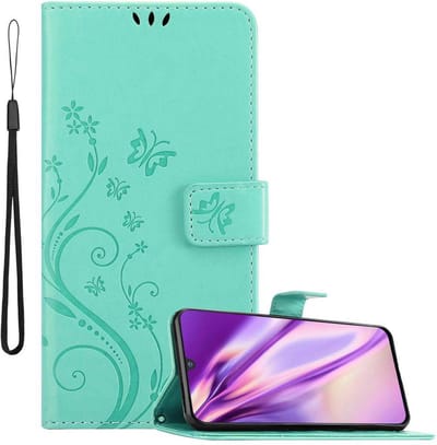 Cadorabo Hoesje geschikt voor Samsung Galaxy M30 / A40s in BLOEMEN TURKOOIS - Beschermhoes in bloemmotief met magnetische sluiting, standfunctie en kaartsleuven Book Case Cover Etui