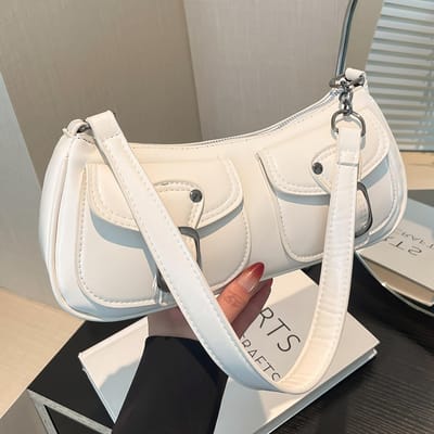 Sac Bandoulière Élégant pour Femmes Sac à Épaule Steampunk Noir Élégant Fermeture Éclair & Boucles Décoratives Accessoire de Mode Sac Bandoulière blanc