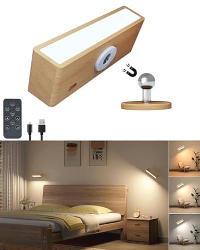 Oplaadbare Binnenwandlamp met Afstandsbediening - Draadloze LED Wandlamp met 3 Kleuren, 360° Draaiende Houten Lamp