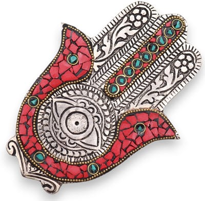 Rode en groene kleine Hamsa wierookhouder 13x5,5 cm