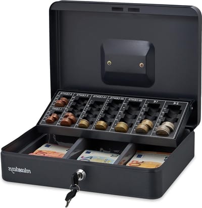 Geldkistje met slot - muntenbak - 2 sleutels - staal - muntgeld & briefjes - 9 x 305 x 235 cm - antraciet - opbergbox Geldkistje