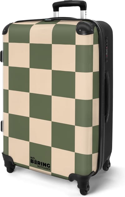 NoBoringSuitcases.com® - Koffer groot - Rolkoffer lichtgewicht - Groen met beige schaakbord print - Vakantie reiskoffer met 4 wielen - Grote trolley XL - Travel suitcase large - 20 kg bagage - Ruimbagage medium met TSA slot