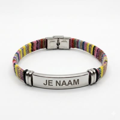 Armband met graveer, Armband met naam, Armband met gravure kleurrijk - textielband - gebogen RVS naamplaat - gepersonaliseerd, Armband met naamplaatje ,graveerarmband