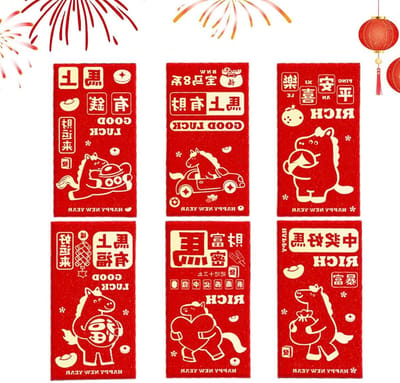 Rode Enveloppen Paard - Geluksgeld Zakjes - Chinees Nieuwjaar Vieren - Paardenmotieven 2026 - 6 stuks - Rood