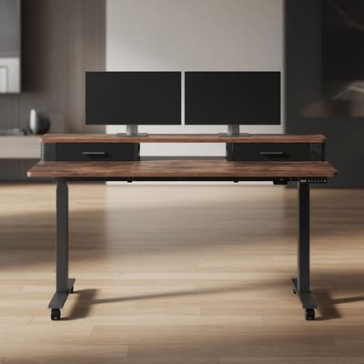 Elektrisch Zit-Sta Bureau 140x60 cm met Geheugenfunctie, Stopcontacten & Monitorstandaard – In Hoogte Verstelbaar Bureau Vintage Bruin – Ergonomisch Thuiswerk Bureau – Mobili Bella