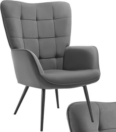 tectake® Oorfauteuil – Scandinavische Teddy Bouclé Fauteuil voor Woonkamer en Slaapkamer – Loungefauteuil met Zwart Metalen Poten – Draagvermogen 150kg – Grijs