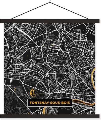 Posterhanger incl. Poster 60x60 cm - Schoolplaat - Frankrijk – Fontenay-sous-Bois – Stadskaart – Plattegrond – Kaart - Textielposter - Zwarte latten - Stadskaart