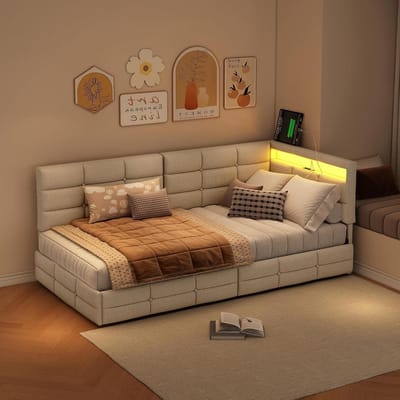 Gestoffeerd eenpersoonsbed - Bankbed Tienerbed - Moderne Slaapkamer Inrichten - Met LED en USB - 90 x 200 cm - Grijs