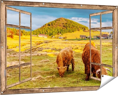 Gards Tuinposter Doorkijk Twee Schotse Hooglanders bij een Dorp - 150x100 cm - Tuindoek - Tuindecoratie - Wanddecoratie buiten - Tuinschilderij