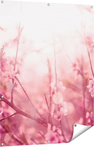 Gards Tuinposter Roze Bloesemboom met Zonneschijn - 90x120 cm - Tuindoek - Tuindecoratie - Wanddecoratie buiten - Tuinschilderij