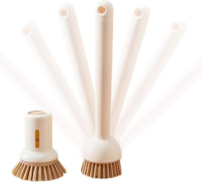 Keukenborstel Set - Kookgerei Schrobber - Pannen Reinigen - Draaibare Steel - 2 stuks - Beige geel
