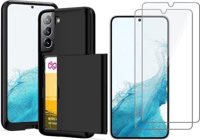 Hoesje met Pasjeshouder geschikt voor Samsung Galaxy S22 - 2x Screen Protector GlassGuard - Back Cover SlideCase Zwart & Screenprotector