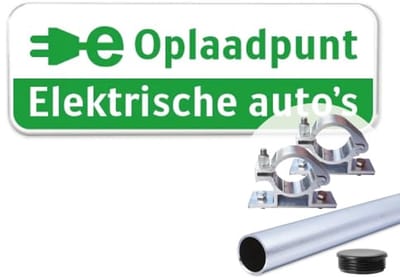 Bord Oplaadpunt - groen - Weerbestendig Aluminium - 40x15 cm - Bevestiging: Met paal 120 cm + paalbeugels + paaldop