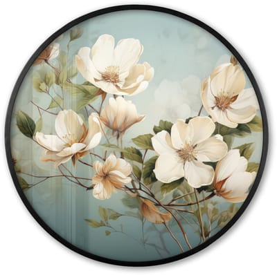 Poster in lijst Rond - Fotolijst 60x60 cm - Posters - Bloemen - Wit - Natuur - Vintage - Ronde posterlijst zwart - Decoratie - Wanddecoratie woonkamer - Muurdecoratie slaapkamer