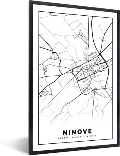 Fotolijst incl. Poster Zwart Wit- Stadskaart – Plattegrond – België – Zwart Wit – Ninove – Kaart - 40x60 cm - Posterlijst