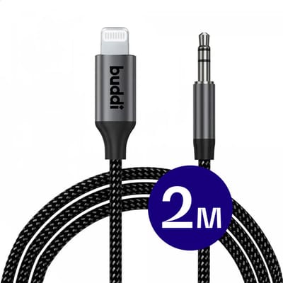 Buddi Flex - Lightning naar 3.5mm Jack Aux Audio Kabel met DAC Chip - Aux kabel geschikt voor iPhone (iPhone 14-serie en ouder) en iPad met Lightning - Gevlochten Nylon - Auto - 2 Meter - Zwart