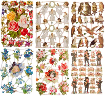 Poëzieplaatjes - 6 vellen - plaatjes - hobby - creatief - decoupage - knutselen - scrapboek - met ENGELEN - BLOEMEN - VOGELS -UILEN