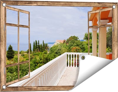 Gards Tuinposter Doorkijk Terras in Toscane - 60x40 cm - Tuindoek - Tuindecoratie - Wanddecoratie buiten - Tuinschilderij