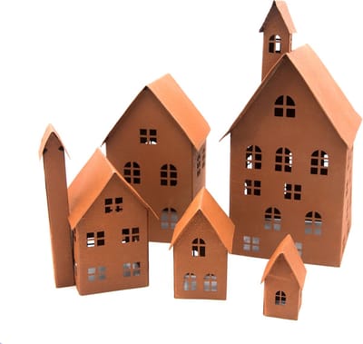 UNUS® Huisjes decoratieve 5-delige set, lichthuisjes van metaal roestkleur