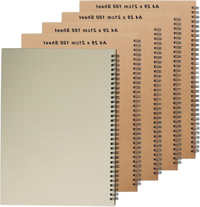4-pack A4 notitieboek met grafiekpapier, Kraft omslag, 5mm vierkante lijnen, 200 pagina's, spiral binding, ideaal voor schetsen en notities, 20.3 x 28.5cm