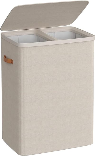 Wasmand 170 Liter met Deksel - 2 Vakken Wassorteerder - Grote Wasbox van Stof - 56x40x75 cm - Opvouwbare Waszak - Beige / Crème