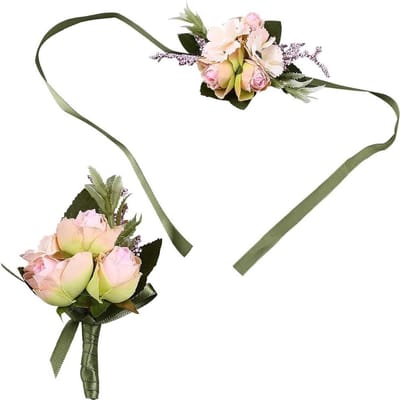 Pols Corsage Set - Bruiloft Decoratie - Feestelijke Aankleding - Zijden Doek Bloemen - 2 Stuks - Roze