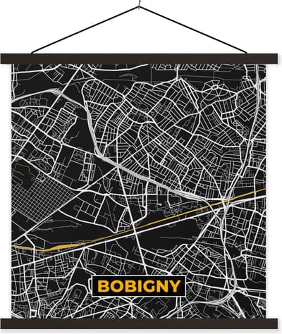 Posterhanger incl. Poster 60x60 cm - Schoolplaat - Stadskaart – Frankrijk – Kaart – Bobigny – Plattegrond - Textielposter - Zwarte latten - Stadskaart