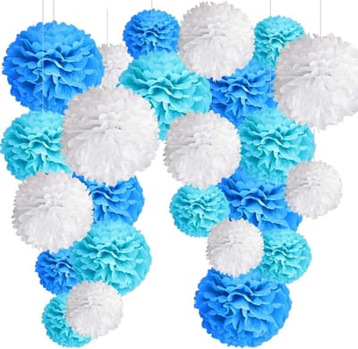 Verjaardag Decoratie Jongens 24 Pompons Blauw, Decoratieve Papier Bloem Pompoms. Decoratie voor Verjaardagsfeestje en - ShopVlot