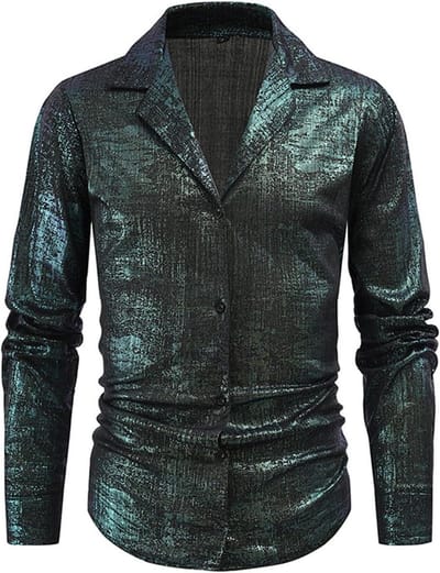 Glanzend Heren Shirt - Feestelijk Top - Feestelijke Gelegenheid - Metallic Stof - Lange Mouw - Zilver