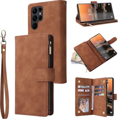 YPCd Wallet Case Pasjeshouder met Rits – Geschikt voor Samsung Galaxy S24 Ultra – Luxe Bookcase Hoesje met 6 Pasjesvakken & Polsbandje – Bruin
