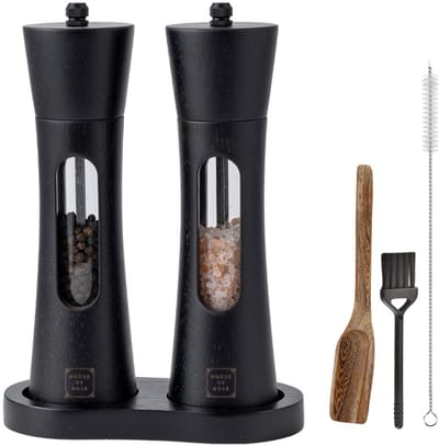 House of Husk Pepermolen en Zoutmolen Set - Peper en Zoutstel met Vulschepje - Kruidenmolen - Acaciahout- 20CM - Zwart