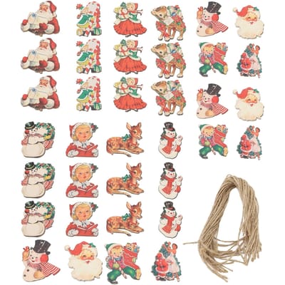 36 stuks Kerst Hangdecoraties met Touwen Houten Exquise Sneeuwman Eland Hangornamenten voor Kerst beige