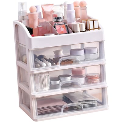 Boîte de rangement cosmétique à 3 tiroirs en plastique transparent Organisateur de maquillage Rangement spacieux Cosmétique multifonctionnel