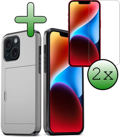 Hoes Geschikt voor iPhone 14 Hoesje Hard Case Met Pas Houder Met 2x Screenprotector - Hoesje Geschikt voor iPhone 14 Hoes Shockproof Hard Cover Met Kaarthouder - Grijs