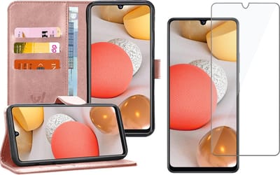 Hoesje geschikt voor Samsung Galaxy A42 - Screen Protector GlassGuard - Book Case Kunstleer Pasjeshouder Rosegoud & Screenprotector