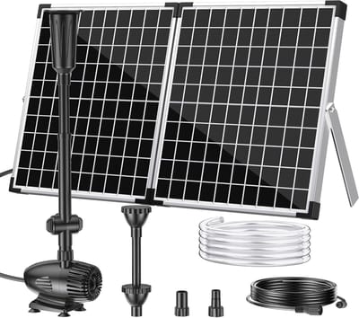 Vijverpomp op zonne-energie 45 W, 2100 l/u, stille fonteinpomp met 3 sproeiers voor tuinvijvers van 300-2000 liter, duurzame watercirculatie en decoratieve fontein met 8 m kabel