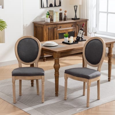 Clruro Franse Stijl Eetkamerstoelen - Set van 2 - Massief Houten Frame - Linnen Stof & Rattan Rug - Donkergrijs