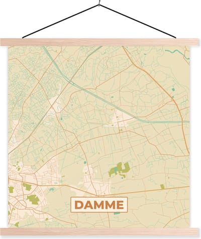 Posterhanger incl. Poster 40x40 cm - Schoolplaat - Damme - Vintage - Plattegrond - Stadskaart - Kaart - Textielposter - Blanke latten - Stadskaart