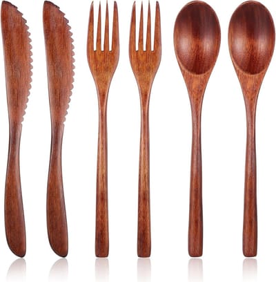 Herbruikbare Houten Bestekset van 6 Stukken, Lepels, Vorken en Schraper voor Dagelijks Gebruik, Gezinsuitjes, Kamperen en Thuisgebruik