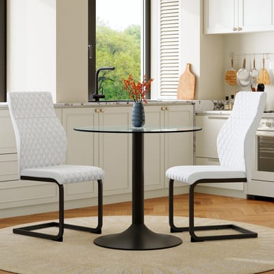 MODENUIT Ronde Eettafel Met 2 Stoelen - Glasblad 85 Cm - Voor Kleine Eetruimte En Bar - Metaal En PU - Zwart Wit