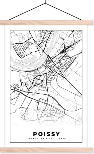 Posterhanger incl. Poster 40x60 cm - Schoolplaat - Plattegrond – Kaart – Frankrijk – Poissy - Stadskaart - Zwart wit - Textielposter - Blanke latten - Stadskaart