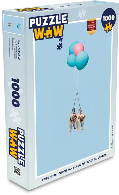 Puzzel Twee mopshonden aan blauw met roze ballonnen - Legpuzzel - Puzzel 1000 stukjes volwassenen