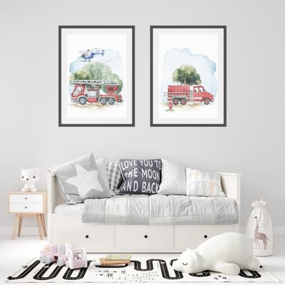 A4 Pastel Firetruck Poster Set/ Pastel Brandweerauto Poster Set/ Ensemble de 2 Affiches de Camion de Pompier Pastel
