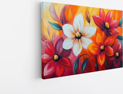 Saammp Canvas Schilderij - Oranje Wit Gekleurde Bloemen - Kleurrijk - Natuur - Abstract - 45x30 - Foto op canvas - Wanddecoratie - Muurdecoratie Woonkamer - Kantoor Decoratie