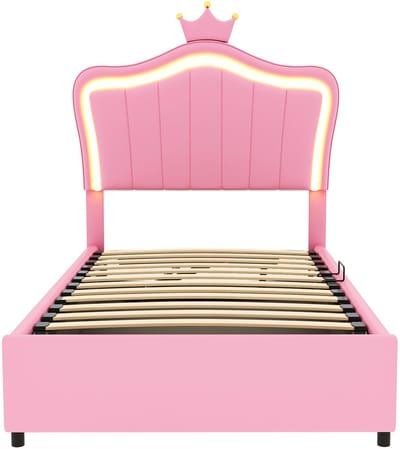 Gestoffeerd kinderbed 90x200 cm - Met kroonontwerp - Met ledverlichting - Hydraulisch opbergbed - In hoogte verstelbaar hoofdeinde - Eenpersoonshoogslaper met lattenbodem - Kunstleer - Roze