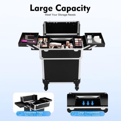 Grote Make-up Koffer op Wielen - Verwijderbare Meerlaagse Cosmetische Trolley voor Professionals