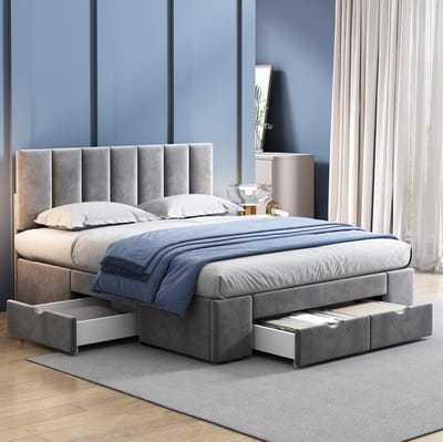 MEUNIQ gestoffeerd bed 140 x 200 cm met lattenbodem, verstelbaar hoofdbord en 4 lades, tweepersoons bedframe voor slaapkamer, grijs