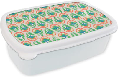 Broodtrommel Wit - Lunchbox Retro - Bloemen - Design - Groen - Oranje - Brooddoos 18x12x6 cm - Brood lunch box - Broodtrommels voor kinderen en volwassenen