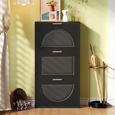 BLACKCOLORS Smalme schoenenkast met 3 deuren, schoenenkast, schoenenkast voor hal of woonkamer, zwart, afmetingen: 60 x 24 x 114 cm (oude referentie N657P285156S)