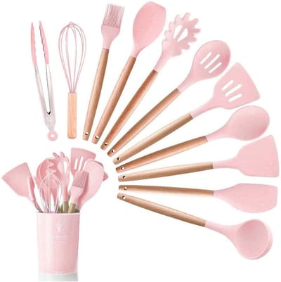 Set siliconen keukengerei - hittebestendig kookgerei - 12 stuks - roze - met houten handvat